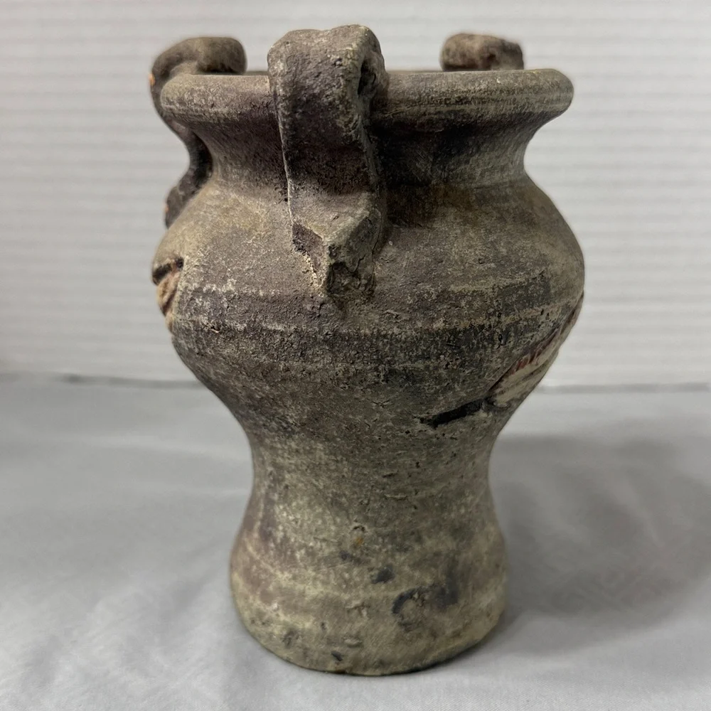 Rustic Style Ceramic Pottery Vase Feather Motif Weathered Finish Loop Handles